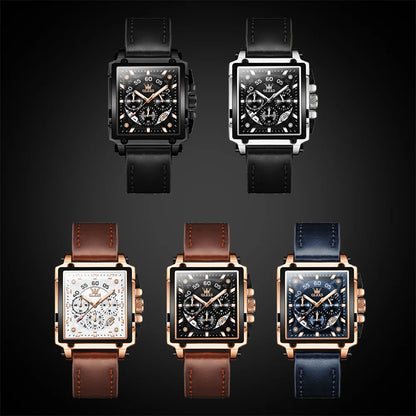OLEVS 9919 Men Watch Original Brand Square Quartz Watch Waterproof Luminous Leather Strap Sport Clock Male Watch For Men