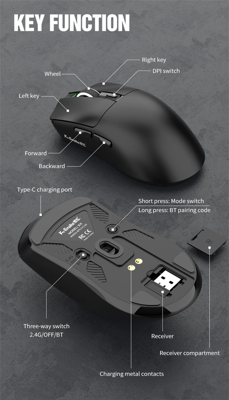 K-Snake X11 Wireless Mouse,Bluetooth/2.4G/wired Tri-Mode Mouse ,PAW3311 RGB Magnetic charging dock Gaming Mouse