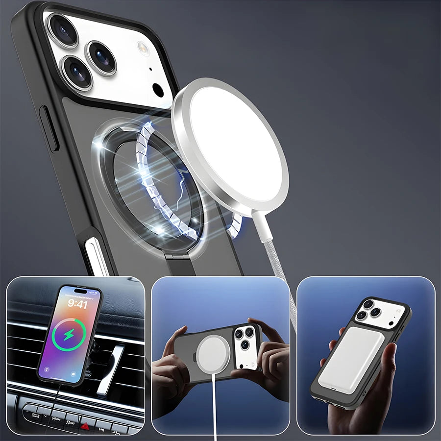 Premium Magnetic Stand Case with Wireless Charging | Compatible with iPhone 18,17,16,15,14,13,12,11 Pro/Pro Max/Air/Plus Series | Transparent Matte Finish + Hands-Free Viewing + Durable Design | Ideal Gift for Tech Enthusiast