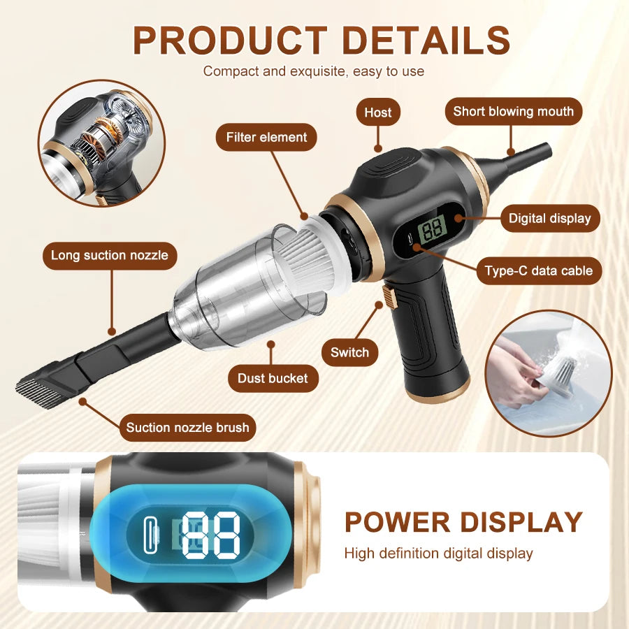 BELIBUY 2-in-1 car vacuum cleaner and blower, high-powered suction for cleaning car seats/mats/trunk dust, portable