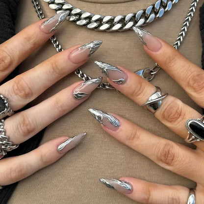 Punk 3D Gold Line & Silver Star Extra Long Pointed Fake Nails – Y2K Metal Halloween Press-on Manicure Set