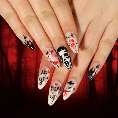 24Pcs Halloween False Nails – Almond Head Clown Design French Full Cover Press-on Nails