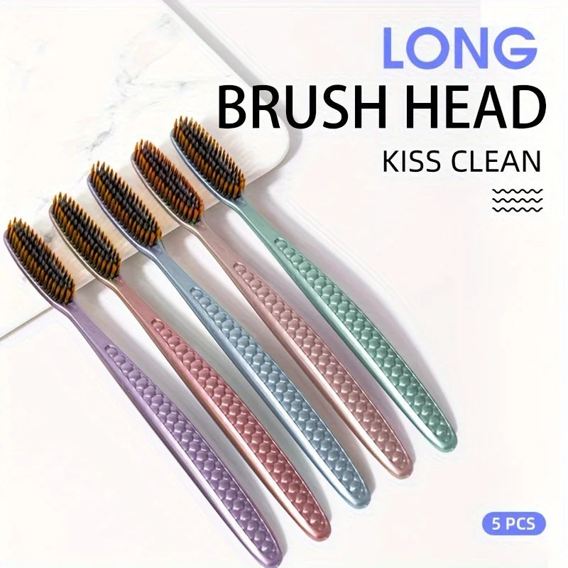 soft hair toothbrush 5pcs bag with curved extended brush head for deep oral cleaning in 5 colors for adults,