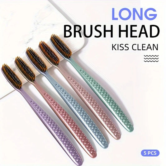 soft hair toothbrush 5pcs bag with curved extended brush head for deep oral cleaning in 5 colors for adults,