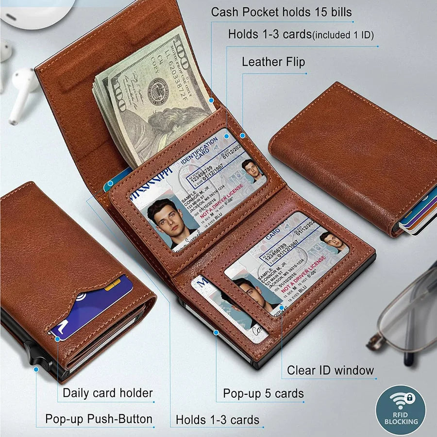 Pop Up Wallet For Men, RFID Blocking Credit Card Holder With Clear ID Window Cash Pocket Slim Business Purse Gift