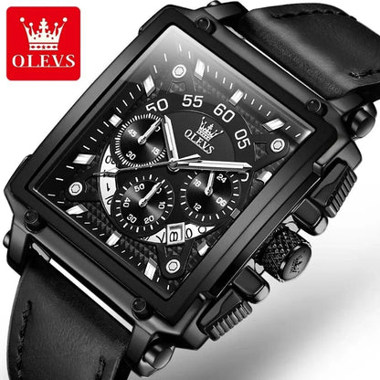 OLEVS 9919 Men Watch Fashion Square Dial Leather Strap Chronograph Waterproof Sports Clock Luxury Original Quartz Wristwatch Man