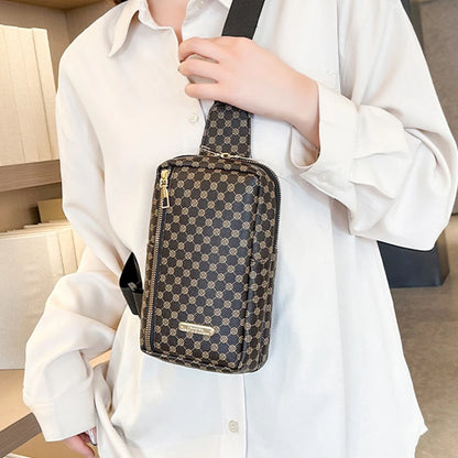 Brown Classic Plaid Pattern Chest Bag, Multi-zip Spacious Sling Purse Fits Phone, Makeup and Small Daily Essentials