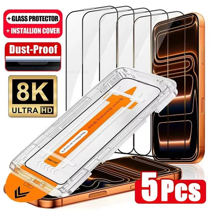 1-5Pcs Ultra HD Dust Free Screen Protector For iPhone 17 16 15 13 11 12 14 Pro Max 16e 7 8 Plus SE 17 Air Glass Easy Install Box