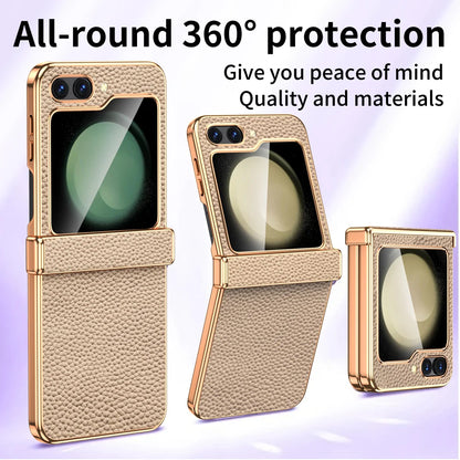 Cowhide Leather Phone Case for Samsung Galaxy Z Flip7 Flip6 Flip 7 FE 6 5 Luxury Hinge Protection Cover with Tempered Glass