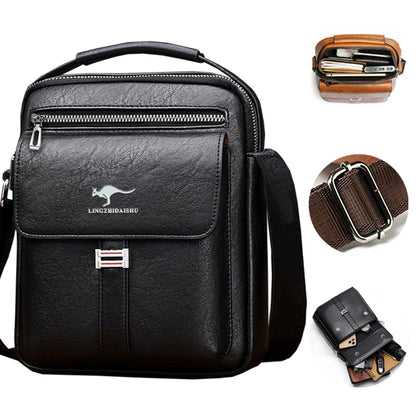 Men Multifunctional Leather Shoulder Bag Multi Pocket Crossbody Messenger Bag Business Travel Handbag with Top Handle Black