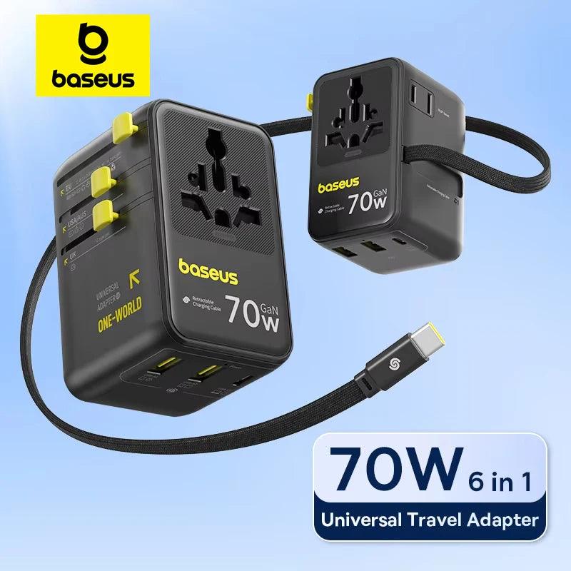 Baseus GaN Charger Universal Travel Adapter Built in 70W Retractable Cable 2AC 2 USB-A Type-C Fast Charging EU/UK/USA/AUS