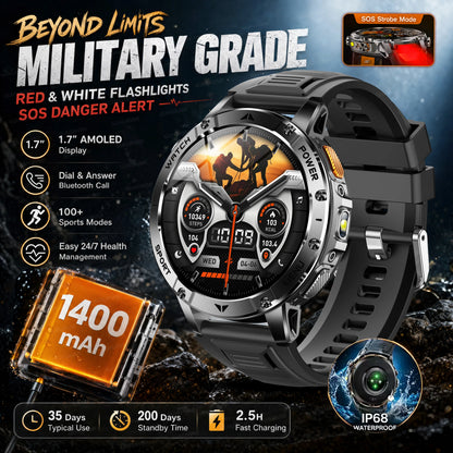 2026 New Military Outdoor Smart Watch Men 10ATM Waterproof Diving Heart Rate Monitor LED Flashlight Bluetooth Call Fitness Watch