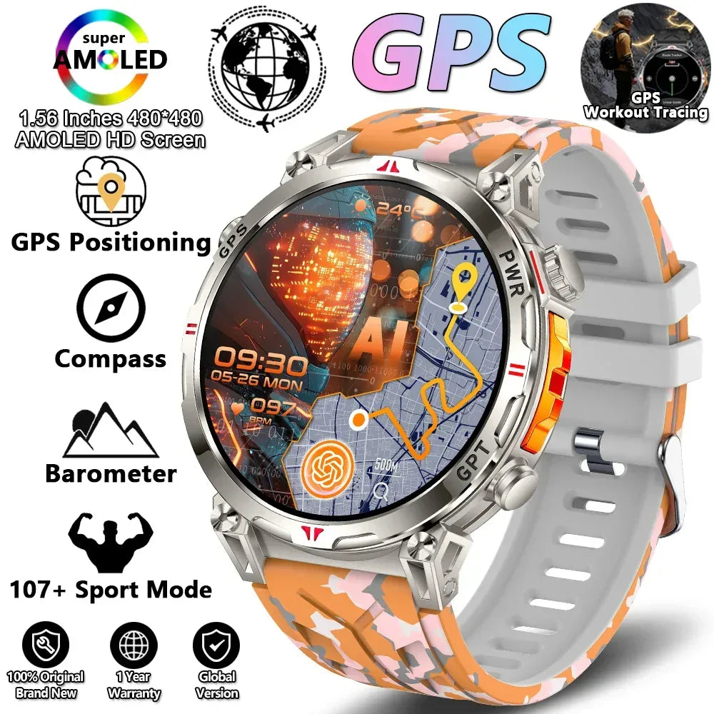 2026 New Outdoor Sports Smartwatch Men GPS Positioning 650mAh HD Call 1.56-inch AMOLED Screen Compass 5ATM Waterproof Watch Man - Urbizia