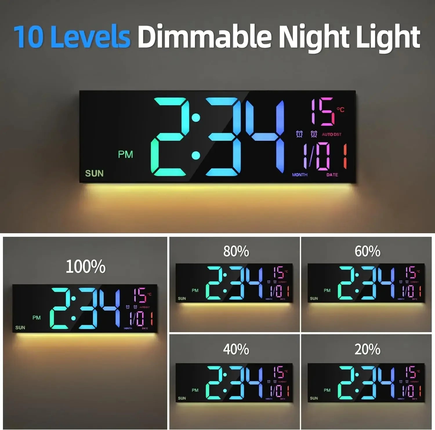 16.2'' Large Digital Wall Clock with Remote Control Big LED/Dual Alarm/8 RGB Colors Digital Alarm Clock Electronic Watch - Urbizia