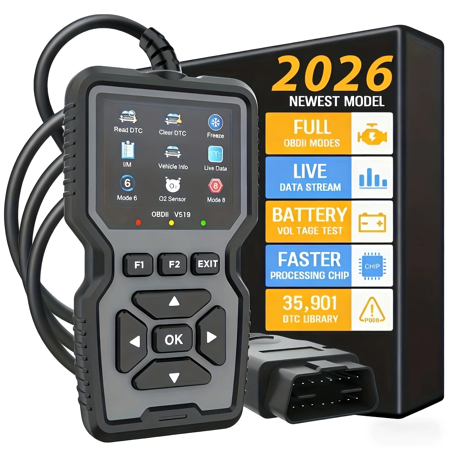 V519 Professional Obd2 Scanner - Usb-Powered Car Diagnostic Tool with Real-Time Data Stream, Full-Featured Obd Ii Testing (I/M Ready, Bod2/Eobd), Clears Engine Fault Lights, Reads/Erases Codes for Most Vehicles, Car Maintenan