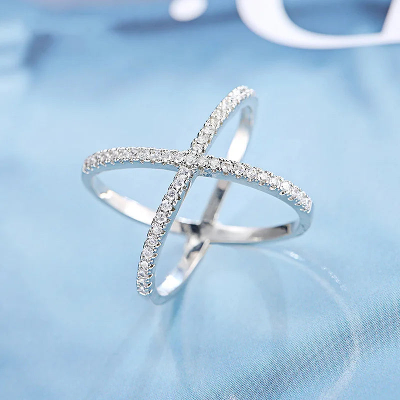 Yupsk Exquisite Shiny Blue Turquoise CZ Cross Ring for Women Fashion Engagement Wedding Rings Couple Jewelry