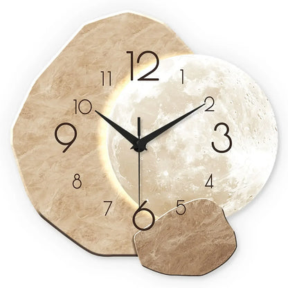 Modern Simple Silent Wall Clock, Moon Design - Quartz Movement, Wooden Material, for Bedroom, Living Room or Office Decoration - Urbizia