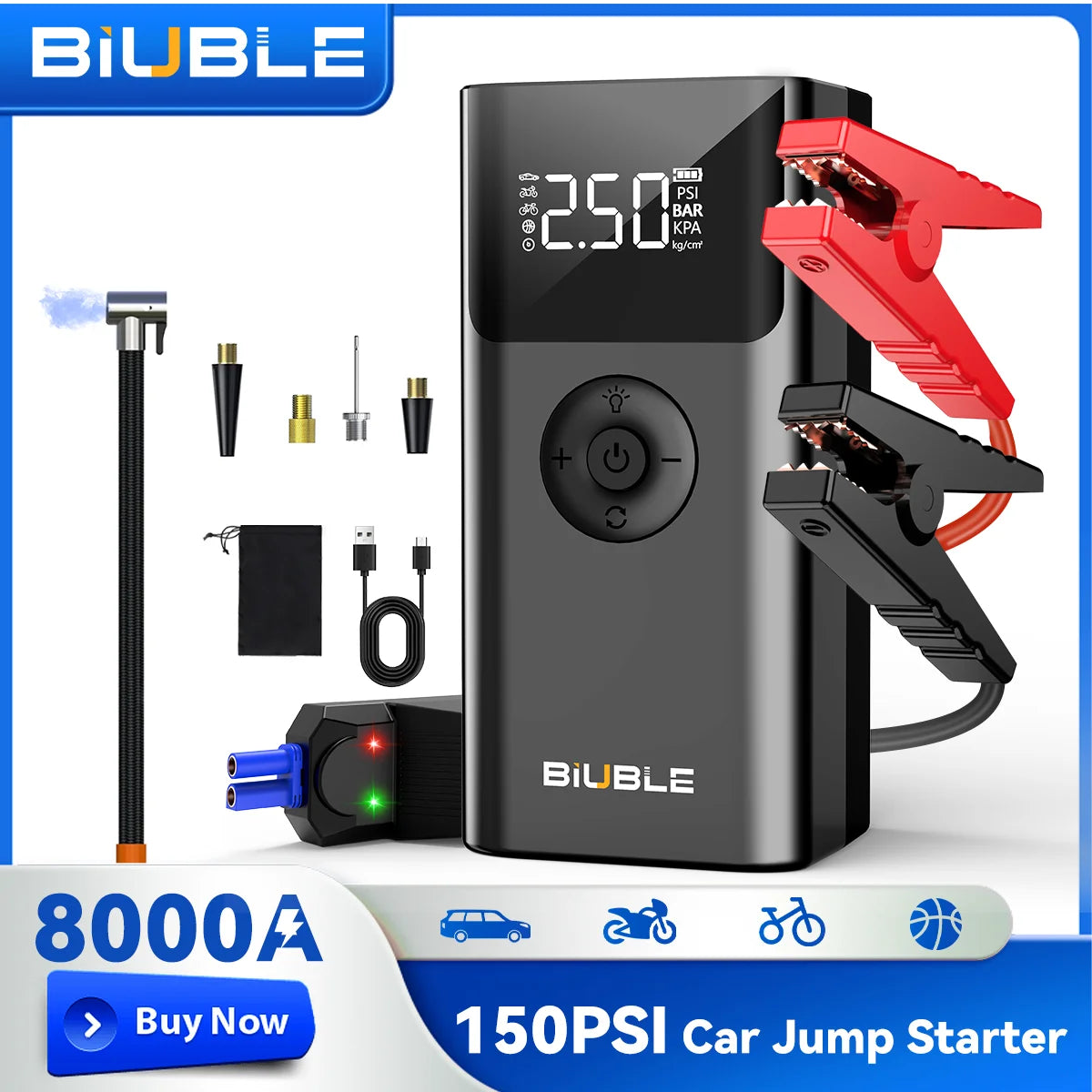 1500A Peak Car Battery Starter Kit, Featuring a 150 PSI Air Compressor, Jump Cable Box, Portable Starter for 12L of Gasoline/10.0L of Diesel Engines, LCD Display, 3-Mode LED Flashlight, Fast Charging USB-C, Lithium Polymer Ba