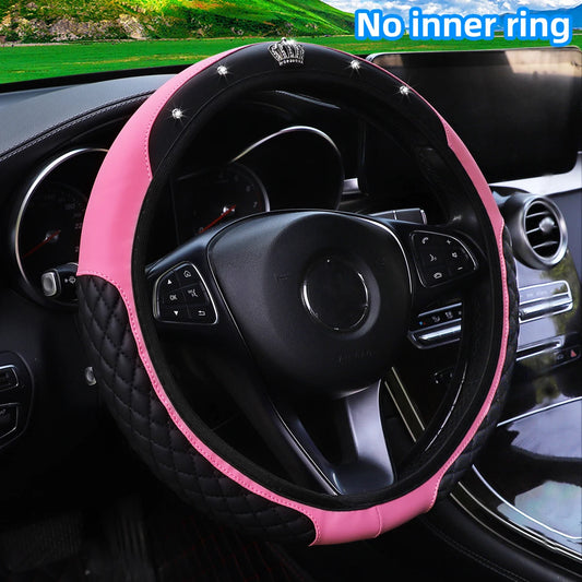 Pu leather diamond-encrusted crown Blingbling car rimless steering wheel cover suitable for 14.5 - 15 inch car accessories