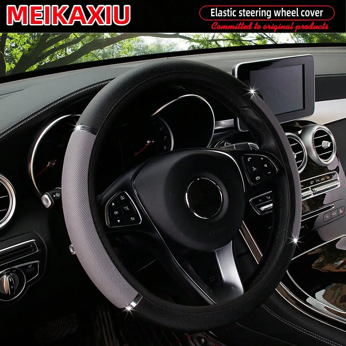 PU leather shiny metal stretchable car rimless steering wheel cover suitable for 14.5 - 15 inch car decoration items