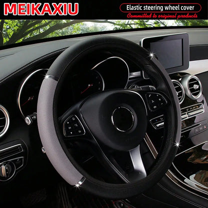 PU leather shiny metal stretchable car rimless steering wheel cover suitable for 14.5 - 15 inch car decoration items