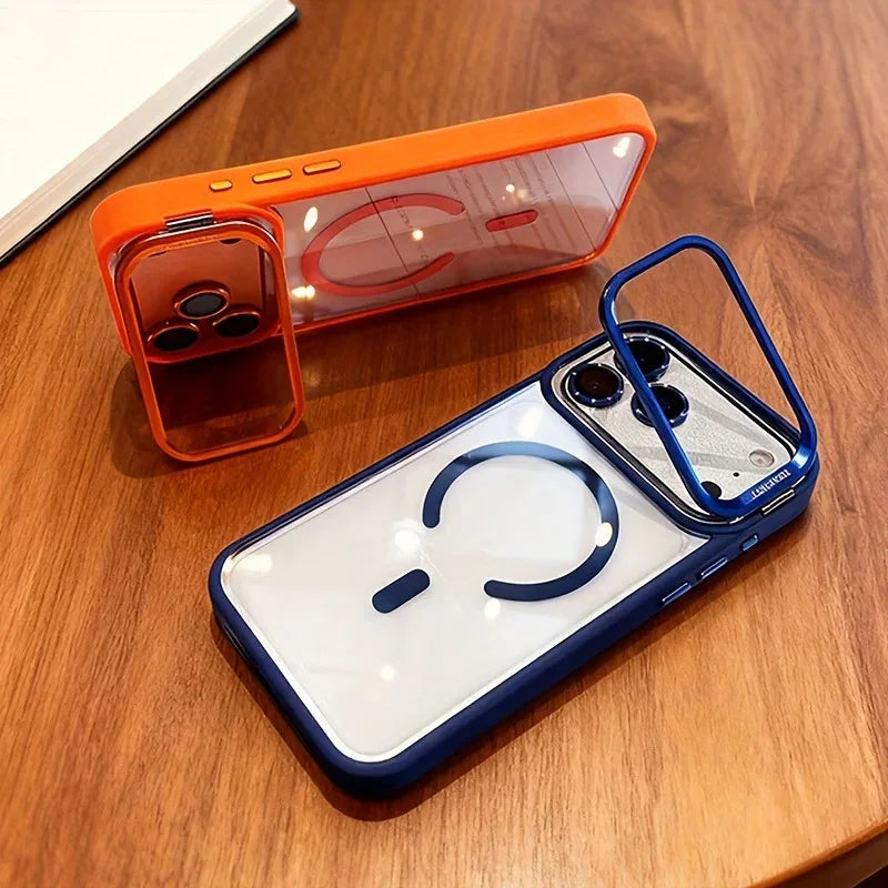 Luxury Magnetic Wireless Charging Lens Holder Case For iPhone 17 16 15 14 13 Pro Max Acrylic Shockproof Armor Transparent Cover