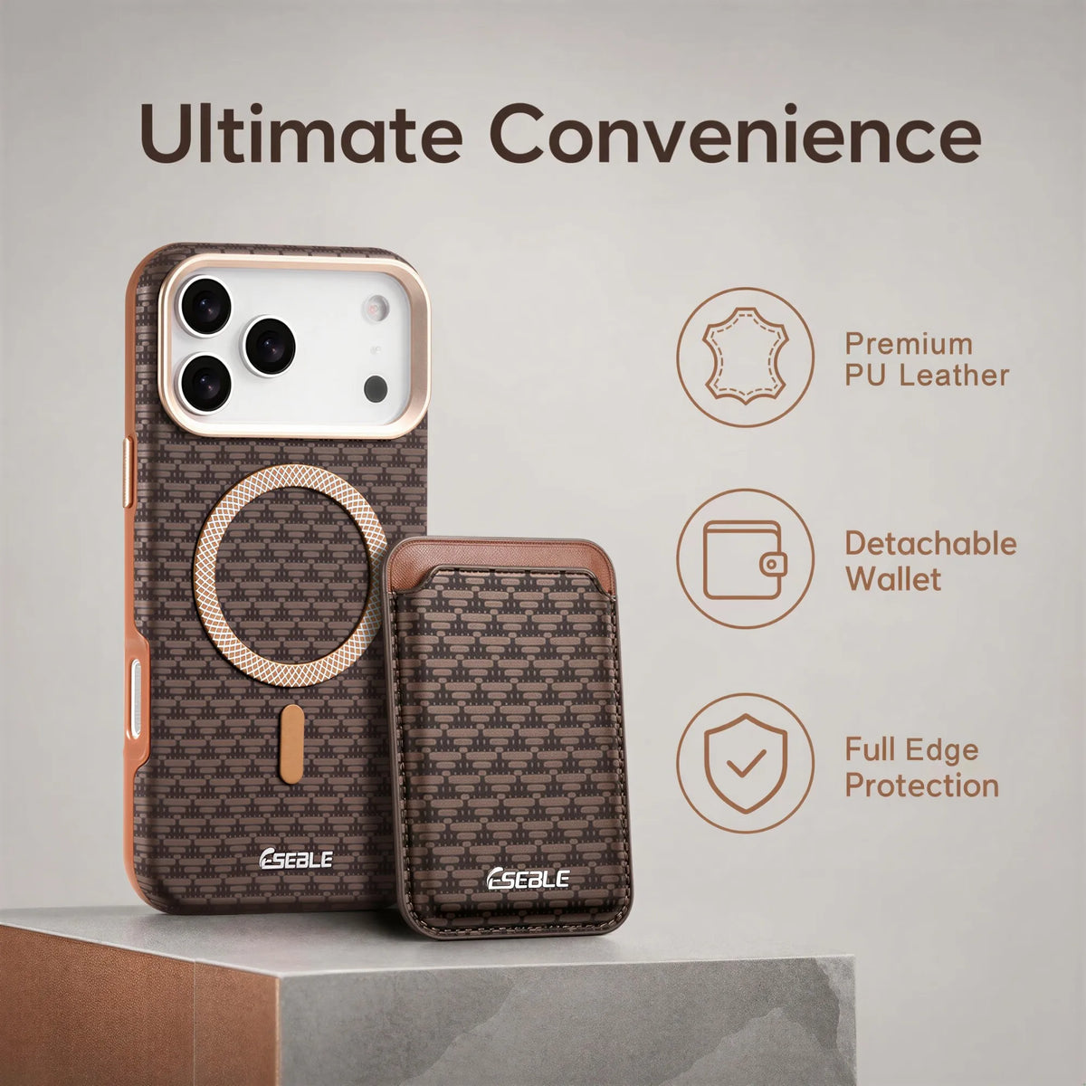 ESEBLE Detachable Magnetic Card Holder Phone Case For iPhone 18 17 16 Pro Max Luxury Vintage Woven Pattern PU Leather MagSafe Wa