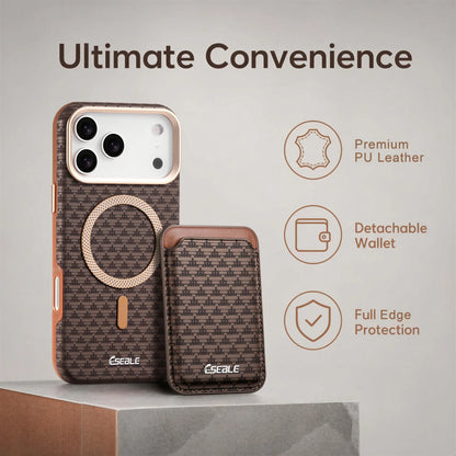 ESEBLE Detachable Magnetic Card Holder Phone Case For iPhone 18 17 16 Pro Max Luxury Vintage Woven Pattern PU Leather MagSafe Wa