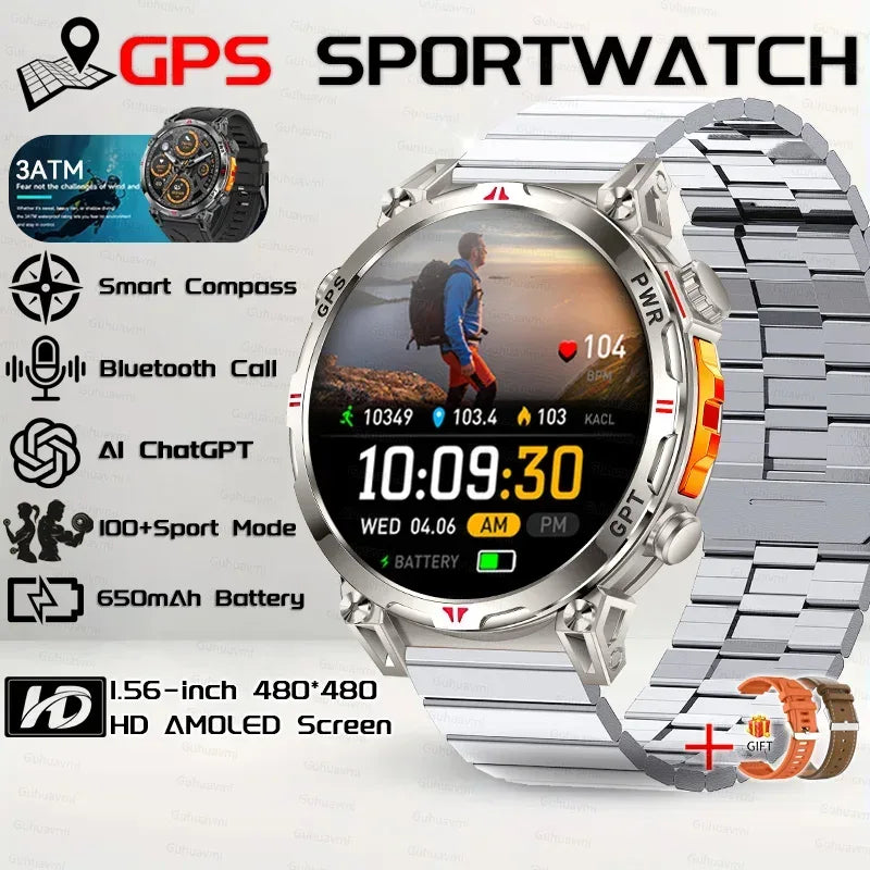 Military Grade Smart Watch Men GPS Compass Altimeter Clock 1.56" AMOLED 5ATM Waterproof Sport Fitness Tracker BT Call Smartwatch - Urbizia