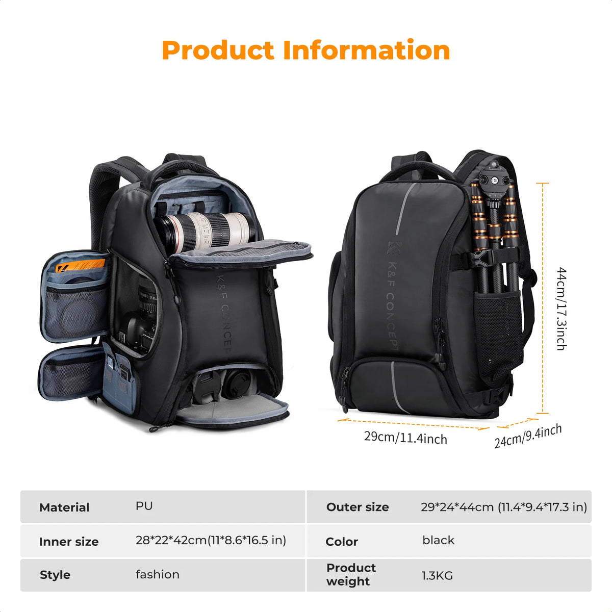 K&F CONCEPT 25L Camera Backpack Waterproof Sony Camera Bag for DSLR/SLR Camera Case with Tripod Strap Rain Cover for 15" Laptop