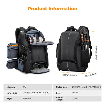 K&F CONCEPT 25L Camera Backpack Waterproof Sony Camera Bag for DSLR/SLR Camera Case with Tripod Strap Rain Cover for 15" Laptop