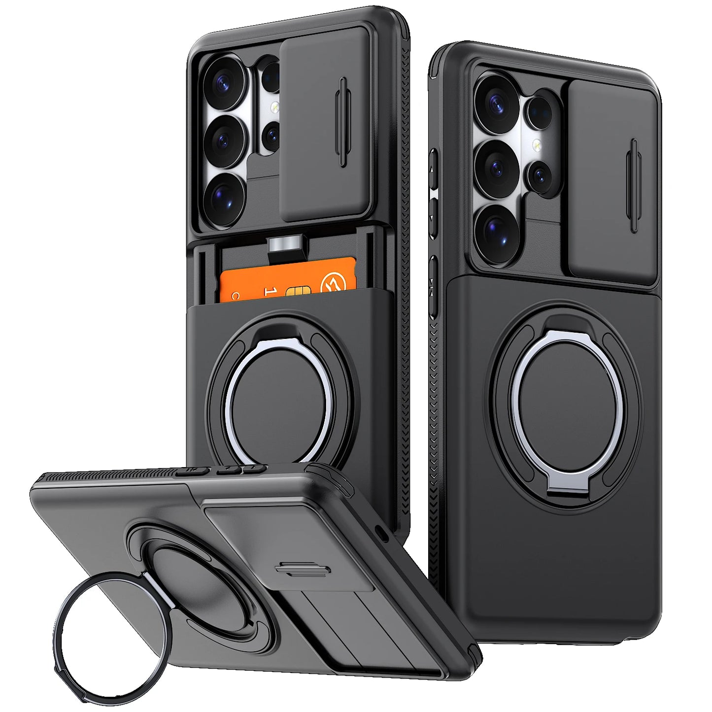 Armor Case For Samsung Galaxy S26 S25 S24 S23 S22 Ultra Plus S25FE S24FE Slide Camera Protect Ring Holder With Card Cover Funda