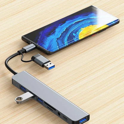8 in 2 USB +Type C HUB Docking Station with 3.5mm Audio Jack Adapter Micro SD Card Reader Laptop Tablet Phone Disk Converter - Urbizia