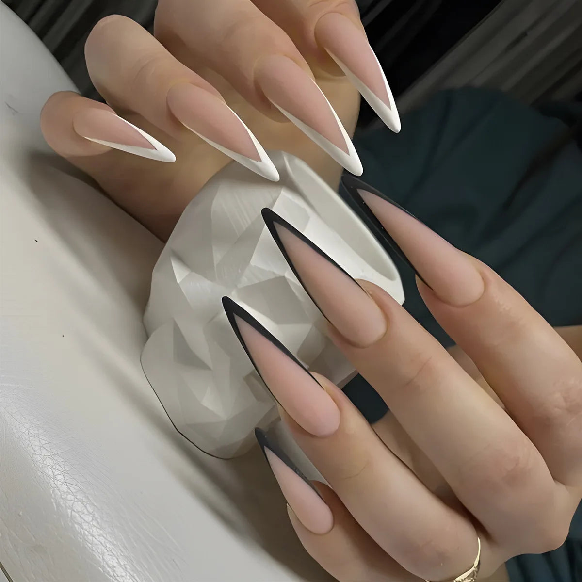 24Pcs Long Almond Fake Nails – Detachable French Ballet Halloween Press-on Full Cover Nail Tips