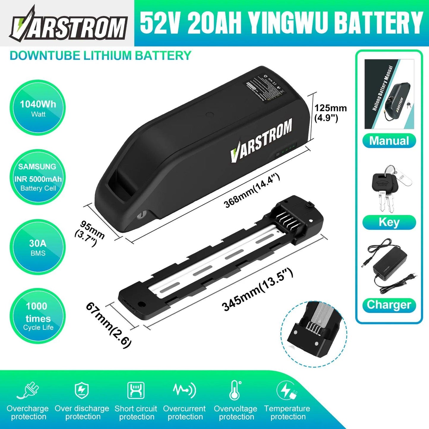 [US Stock] Varstrom Electric Bike Battery Hailong 48V 52V 20AH 30A Downtube Pack with 21700 Battery Cells 40A BMS for BBS02 TSDZ8 EBike Motor
