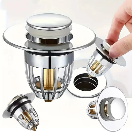 Chrome Pop-Up Sink Drain Plug – Push-Type Hair Catcher & Stopper