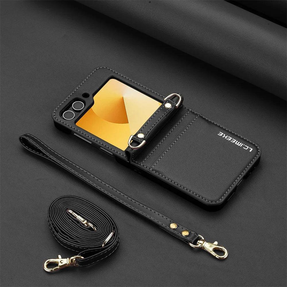 Wallet Crossbody Phone Case For Samsung Galaxy Z Flip 7 FE 6 5 4 3 Flip6 Flip7 5G with Card Holder Wrist Strap Lanyard Leather