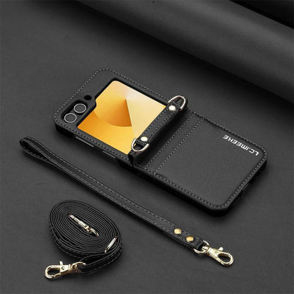 Wallet Crossbody Phone Case For Samsung Galaxy Z Flip 7 FE 6 5 4 3 Flip6 Flip7 5G with Card Holder Wrist Strap Lanyard Leather