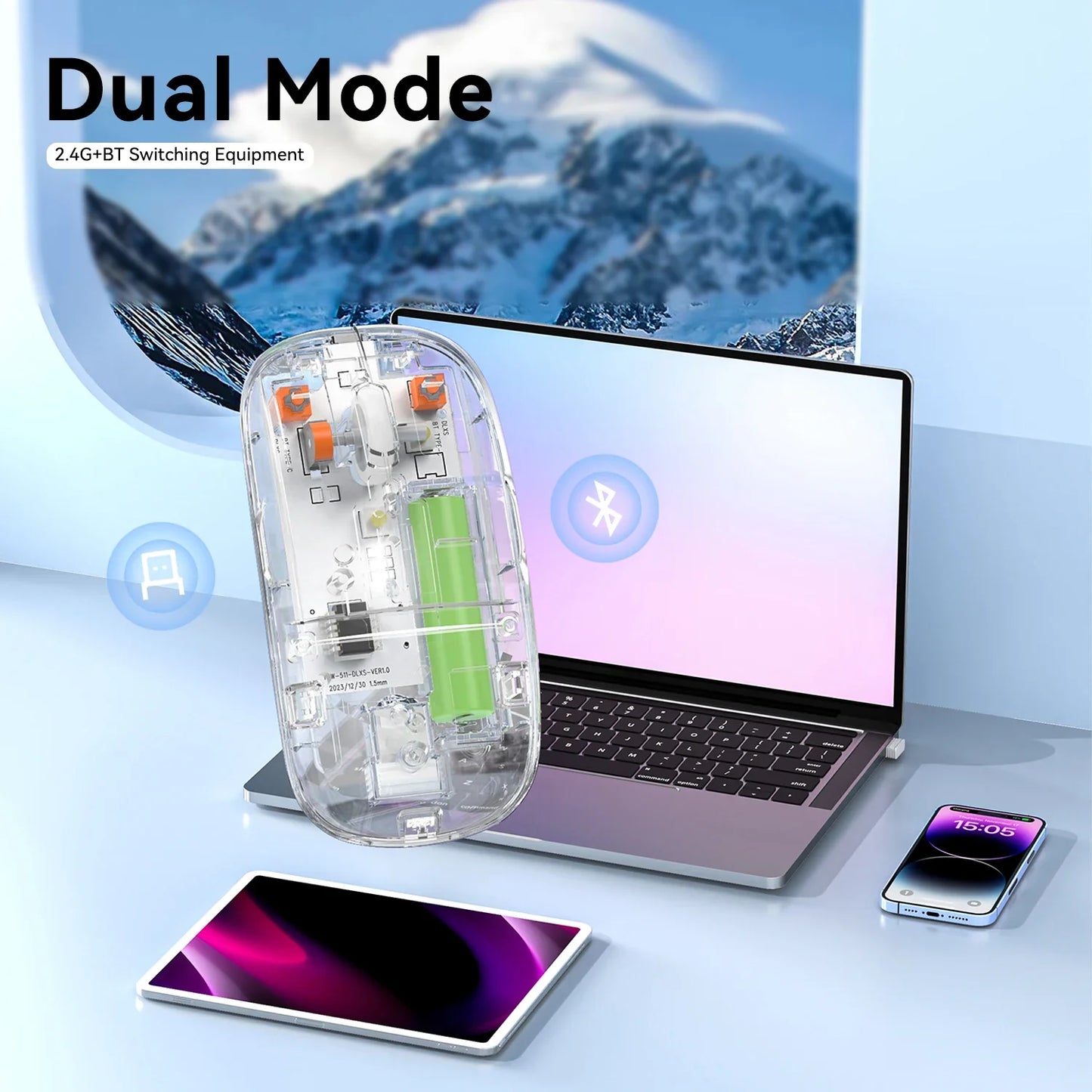 Bluetooth Mouse 2.4G Wireless Mouse Dual-Mode Transparent Mouse 1600 DPI Silent Mouse Rechargeable Mice for PC Laptop Macbook