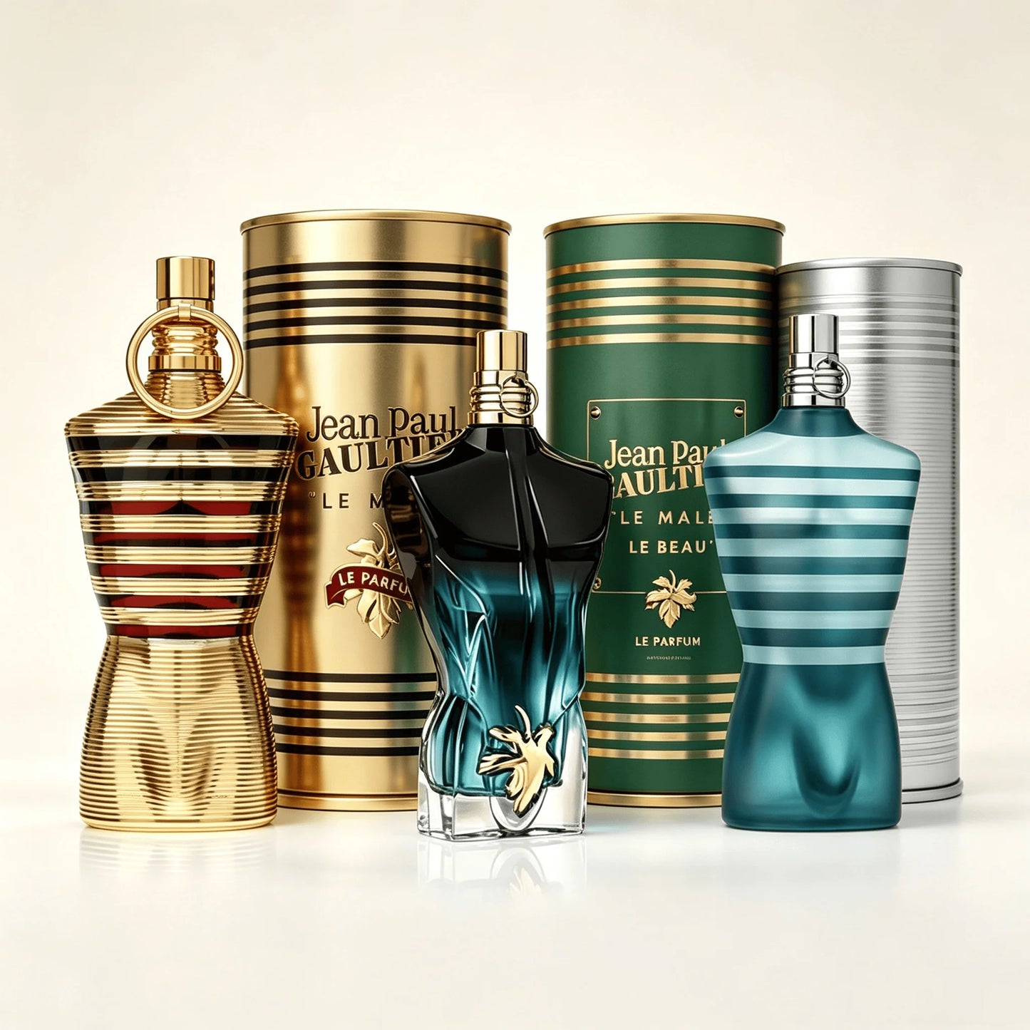 Jean Paul Gaultier 4 Styles Men Perfume Collection Set Le Male Le Parfum Le Beau Le Parfum Original Le Male Eau De Parfum Natural Spray Long Lasting Woody Scent Iconic Torso Shaped Bottle Luxury Metal Cylindrical Gift Can for