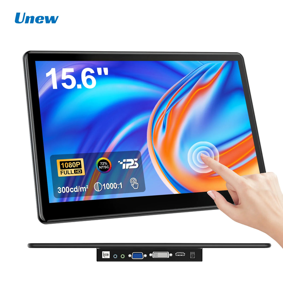 Unew 15.6" Touchscreen Monitor 1920x1080 60Hz 16:9 IPS Display HDMI Type-C VGA DVI for Raspberry Pi Industrial CCTV 75*75mm VESA