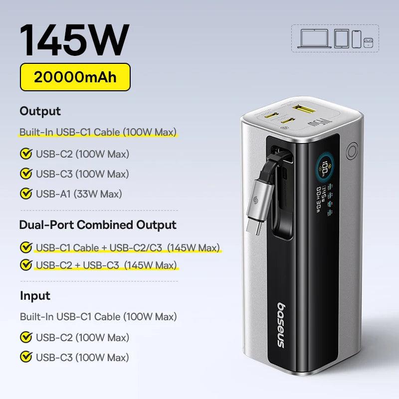 Baseus 145W Power Bank 20800mAh Dual USB A USB C PD 100W Fast Charging Digital Display Portable PowerBank for Laptop Phone Steam