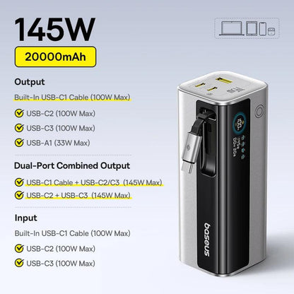 Baseus 145W Power Bank 20800mAh Dual USB A USB C PD 100W Fast Charging Digital Display Portable PowerBank for Laptop Phone Steam
