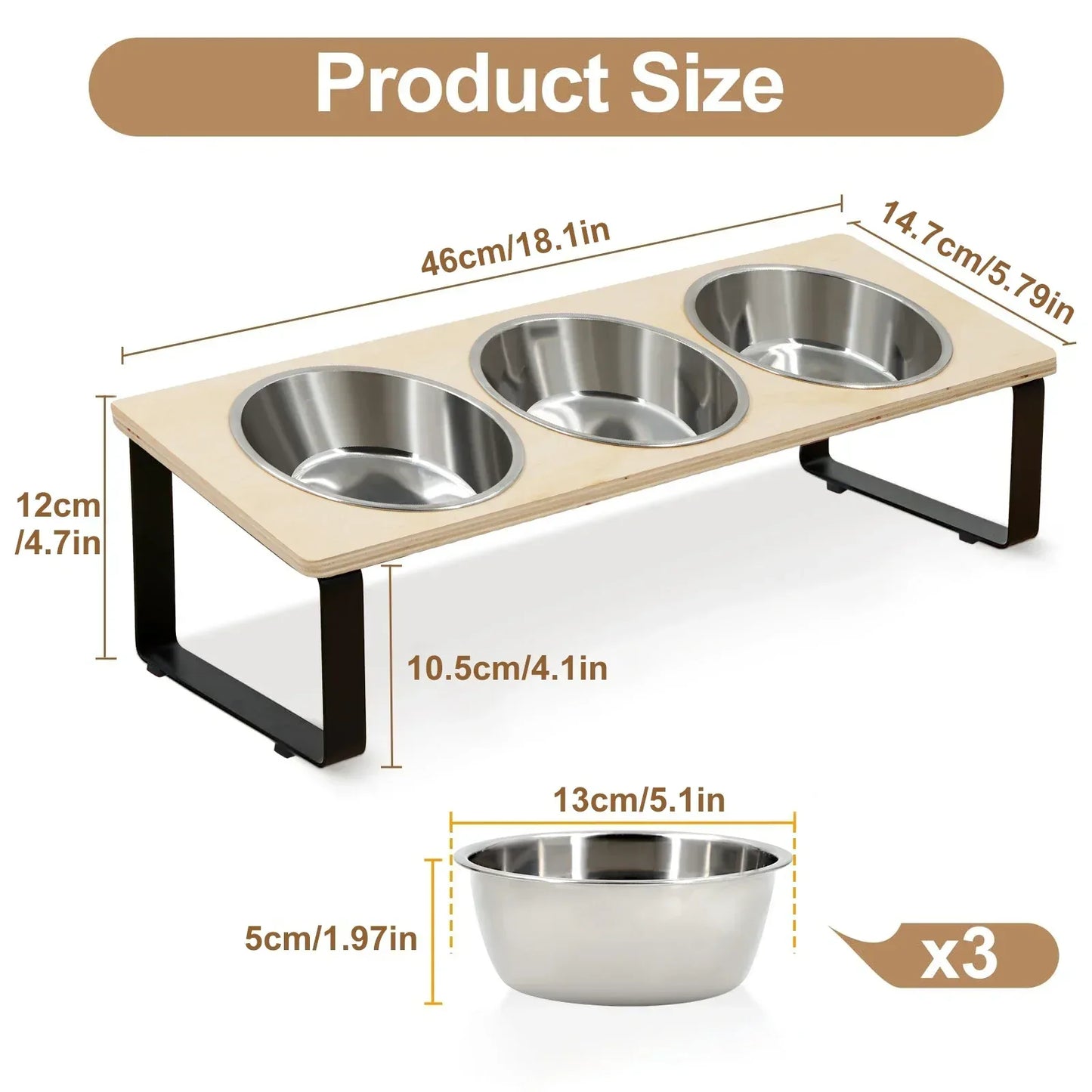 Elevated Cat Bowls Feeder 15° Tilted Raised Feeding & Watering Supplies Pet 3 Stainless Steel Bowls with Stand for Cats Puppies - Urbizia