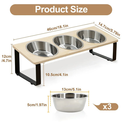 Elevated Cat Bowls Feeder 15° Tilted Raised Feeding & Watering Supplies Pet 3 Stainless Steel Bowls with Stand for Cats Puppies - Urbizia