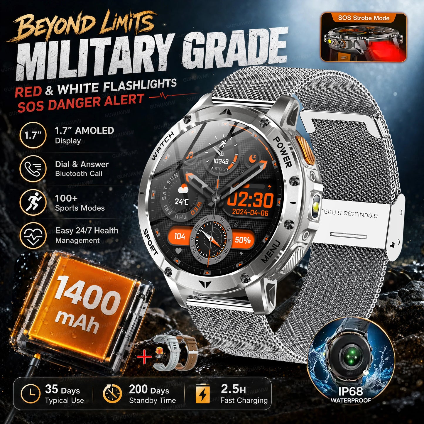 2026 New Military Outdoor Smart Watch Men 10ATM Waterproof Diving Heart Rate Monitor LED Flashlight Bluetooth Call Fitness Watch