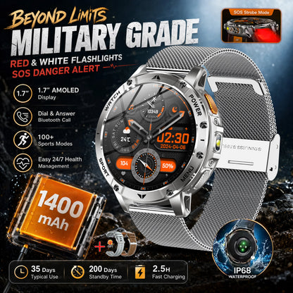 2026 New Military Outdoor Smart Watch Men 10ATM Waterproof Diving Heart Rate Monitor LED Flashlight Bluetooth Call Fitness Watch