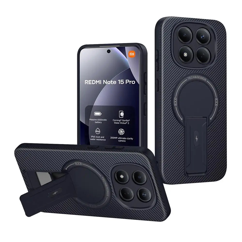 Luxury Magnetic Carbon Stand Case For Redmi Note 15 Pro Plus 5G / POCO M8 Pro 5G Wireless Charing Phone Back Cover Shockproof