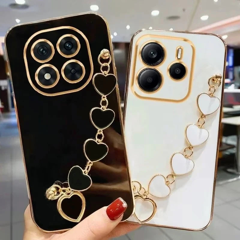 Luxury Plating Love Heart Bracelet Chain Phone Case For XiaoMi 13T 14T Redmi 13C 14C 15 C 4G  Note 14 13 12 Pro Plus Back Cover