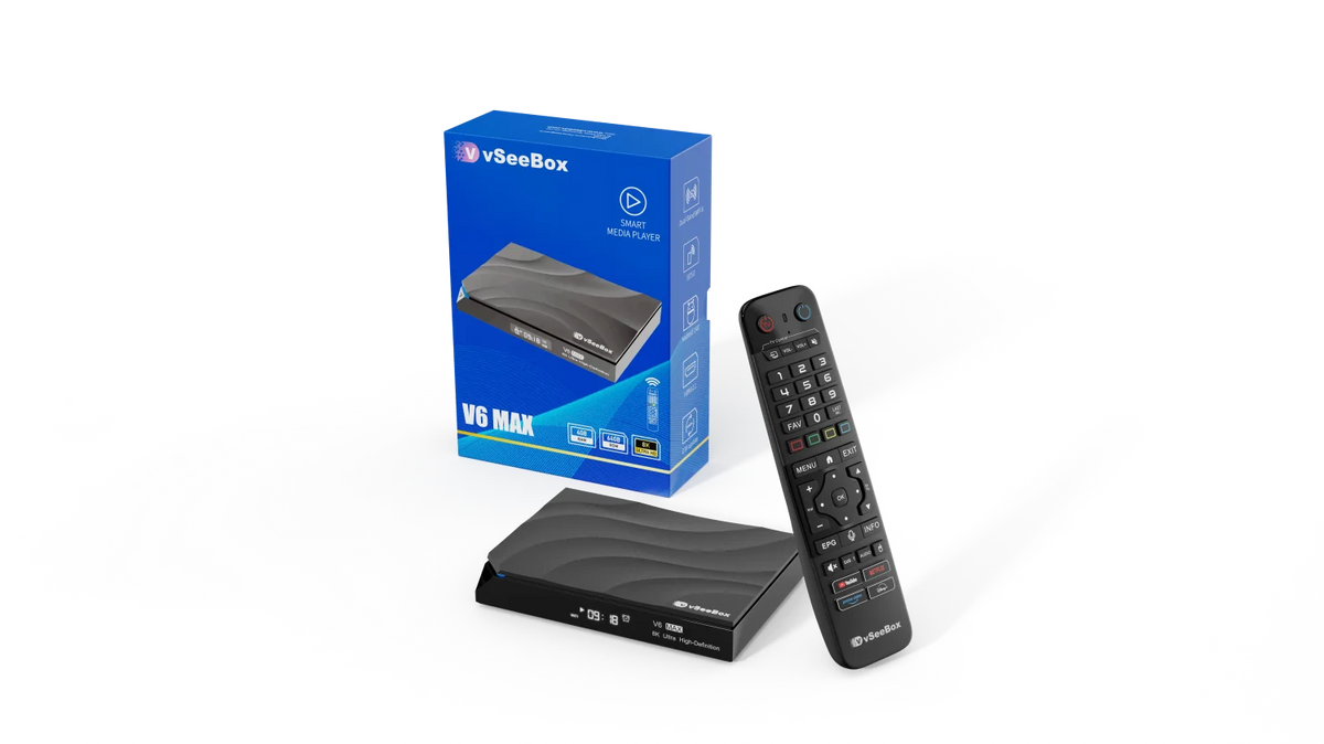 vSeeBox V6 Max 2026 Newest Version, Android 14, 4GB RAM 64GB Storage, Voice Control, WiFi 6, Parental Control, 8K HDMI, Complete Kit with Remote, HDMI Cable, Power Adapter & Setup Guide